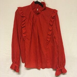 Tara Jarmon Paris Blouse Red Size‎ 42 Turtle Neck Long Sleeves Ruffles Stripes